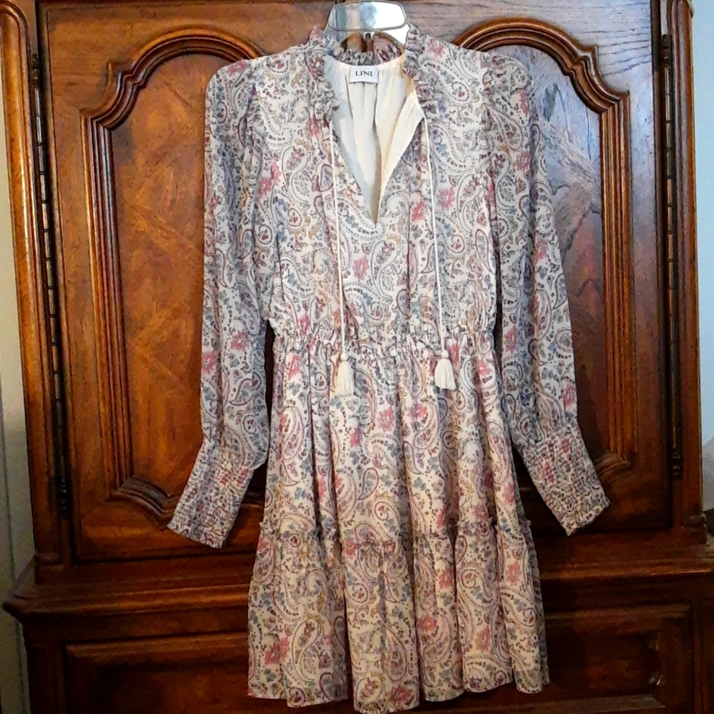 LINI Tiered Flounce Long Sleeve Paisley Print Dress, Size Extra Small